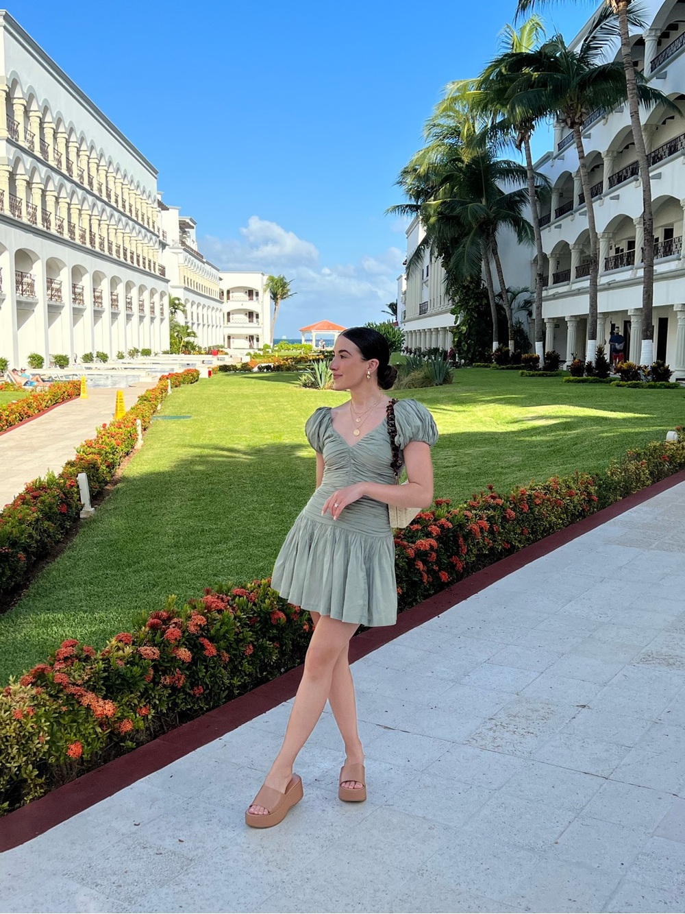 Abercrombie & Fitch Sage Green Ruched Puff-Sleeve Mini Dress